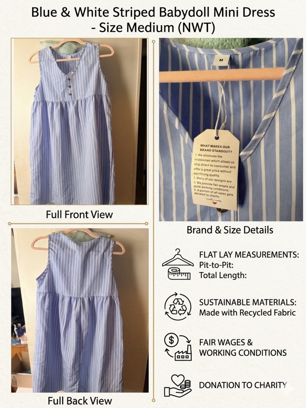 Blue & White Striped Babydoll Dress Woman's - Size M